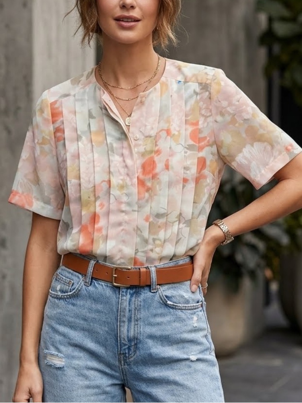 VINTAGE Alexa Watercolor Floral Chiffon Pleated Blouse Size 8